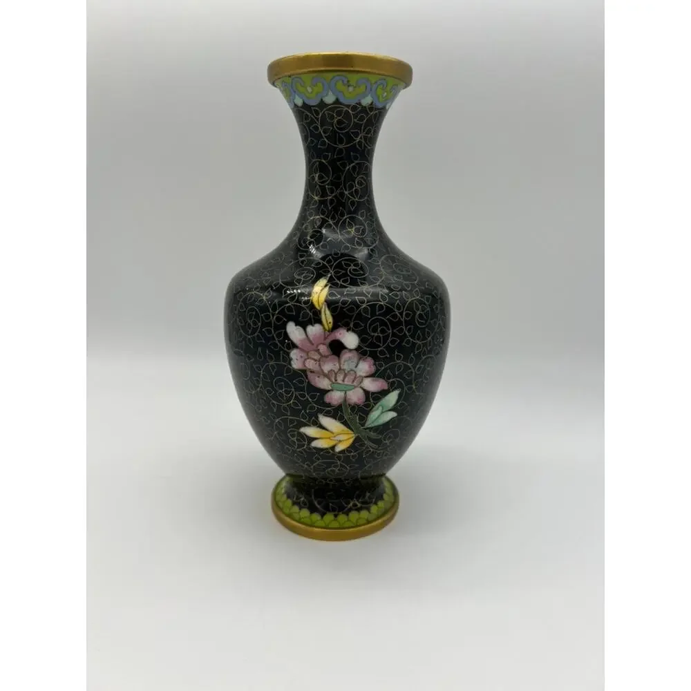 Vintage MCM Black & Gold Chinese Asian Cloisonne Metal Vase 8 1/4